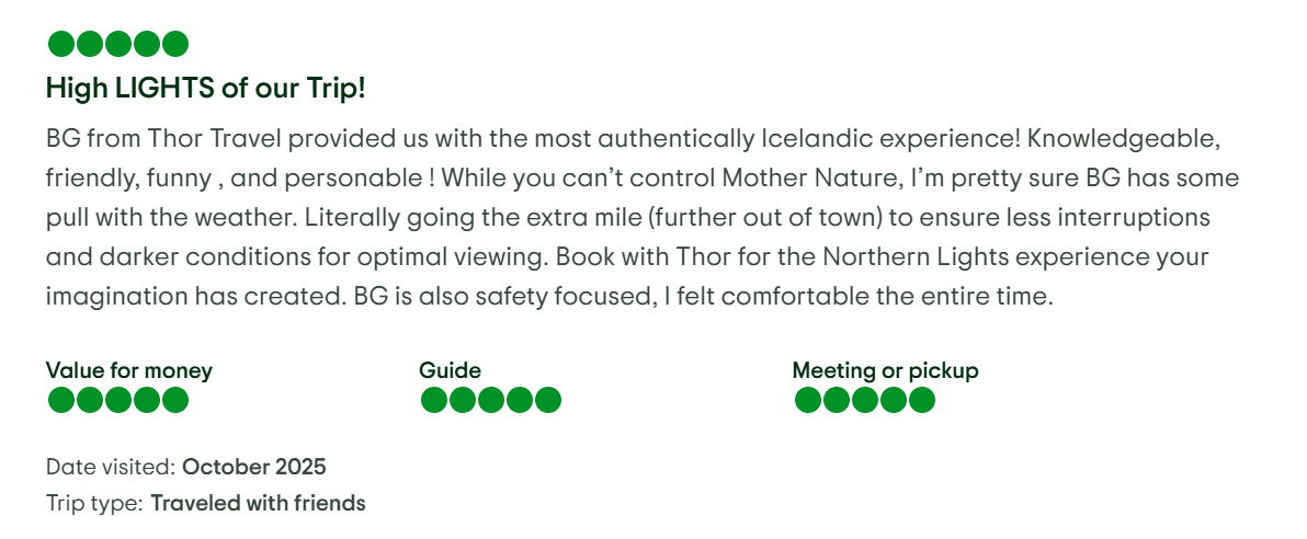 5-star Tripadvisor review of Thor Travel Northern Lights tour in Iceland